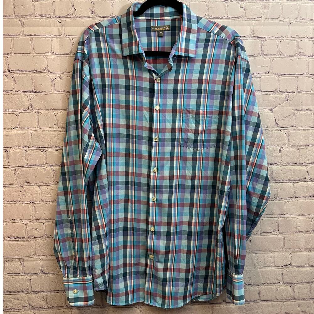 Peter Millar Summer Comfort Long Sleeve Plaid Button Down Shirt Men's XL Blue